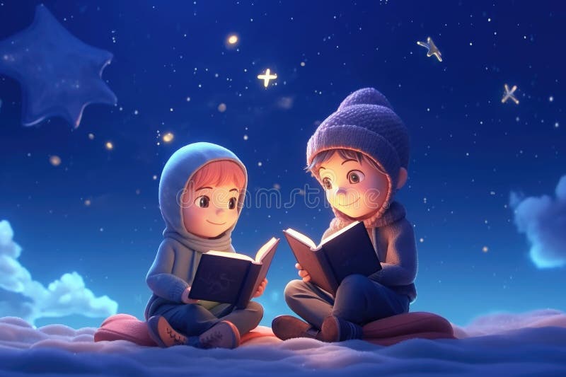 Children reading magical storybook under starry night sky